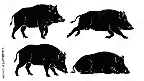 Wild Boar Silhouette Vector – Standing, Running, Rooting, Resting, Minimal Wildlife Illustration