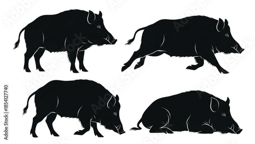 Wild Boar Silhouette Vector – Standing, Running, Rooting, Resting, Minimal Wildlife Illustration