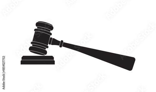 Justice gavel silhouette icon, legal law and auction hammer symbol isolated on white background.