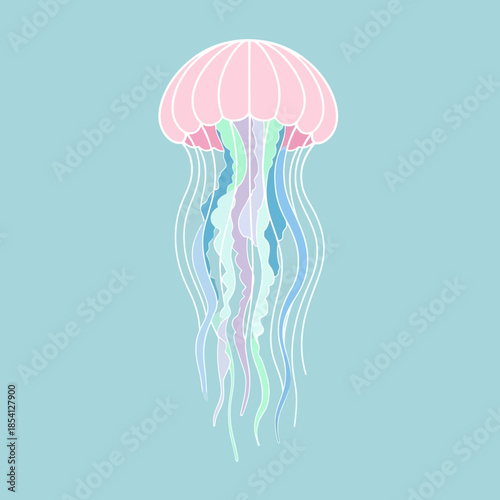 A delicate pink jellyfish with flowing tentacles drifts gracefully in the ocean.
