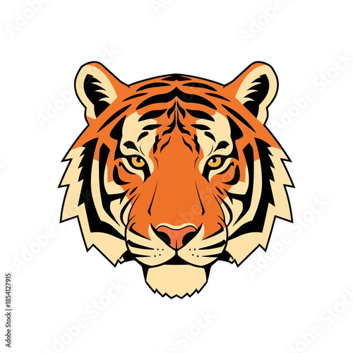 Close up of a fierce tiger face with striking orange and black stripes.