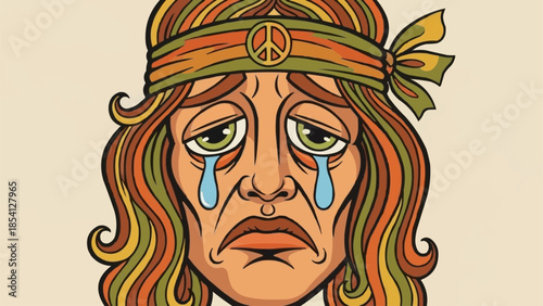 Woman with Headband Crying Tears of Sorrow.