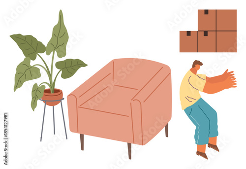 Male character carrying furniture, surrounded by potted plant, pink armchair, and stacked cardboard boxes. Ideal for relocation, home organization, interior design, minimalism, packing labor simple