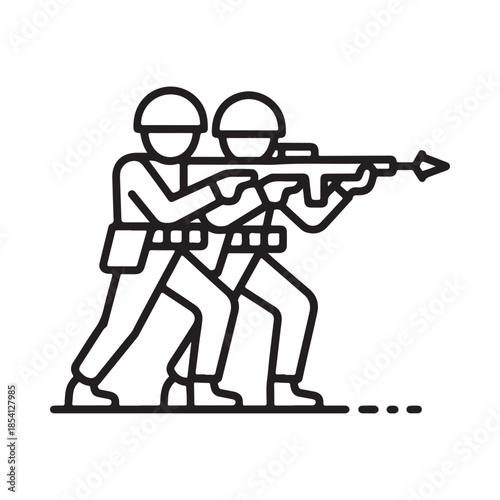 Two soldiers with a rifle depicted in a simple line art style