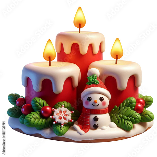 A cute snowman with three red candles on a cookie-like base, decorated with leaves, berries, and snowflakes.