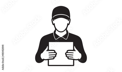 Delivery man silhouette wearing a cap and holding a cardboard box package for shipping and logistics services