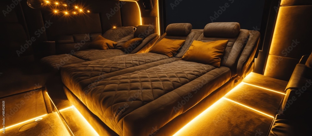 Fototapeta premium Opulent Relaxation: Plush Quilted Loungers Bathed in Warm, Golden LED Light
