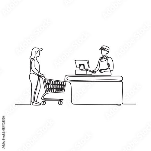 Continuous line drawing of a customer checking out at a store counter