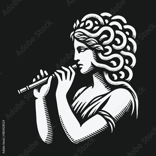 Classical Greek muse with flowing hair playing a flute vector illustration.