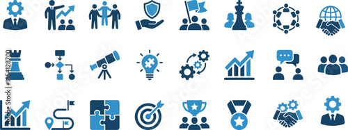 A comprehensive collection of blue and dark blue business strategy icons representing concepts like leadership teamwork growth success and goal achievement