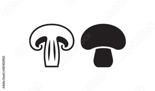 Simple mushroom slice outline and solid black silhouette icon set, organic food and vegetable symbol isolated on white.