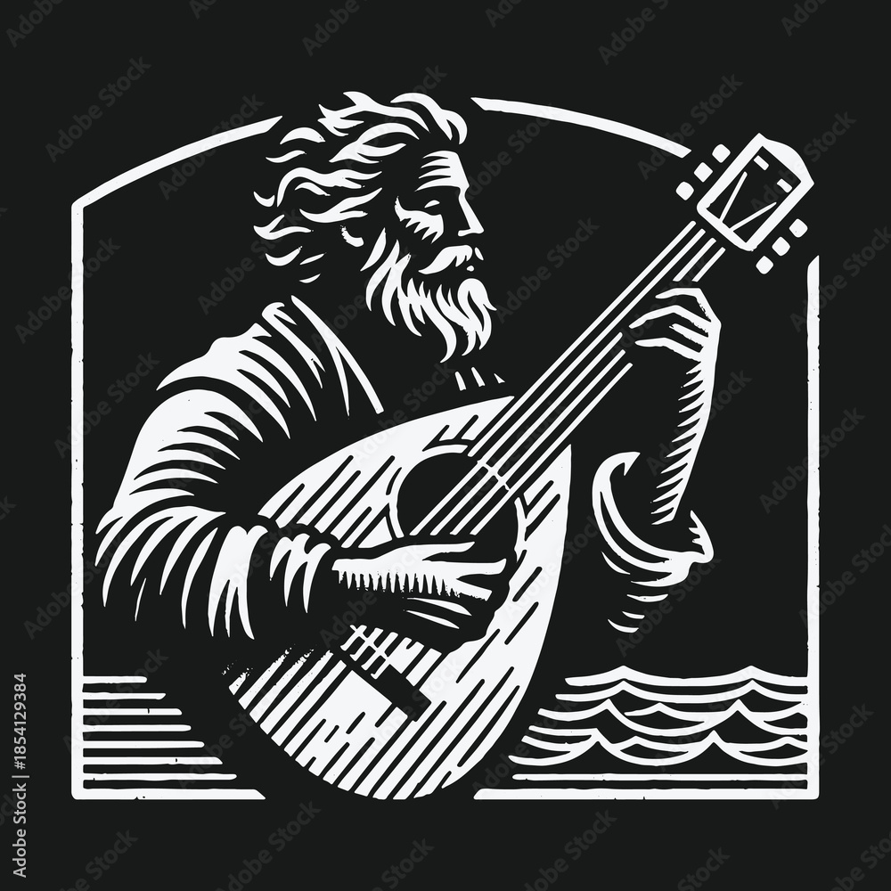 Fototapeta premium Vintage woodcut style illustration of an old bearded bard playing a lute by the sea.