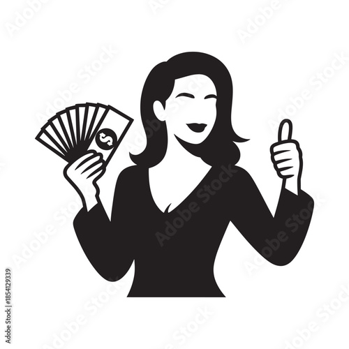 Woman happily displaying cash and giving a thumbs up gesture