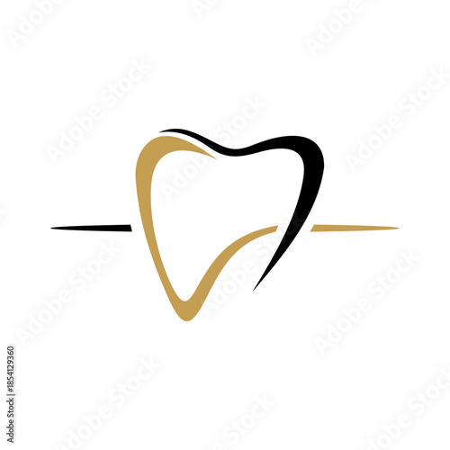 Stylized dental tooth logo design in black and gold with horizontal lines, representing dentistry and oral health.