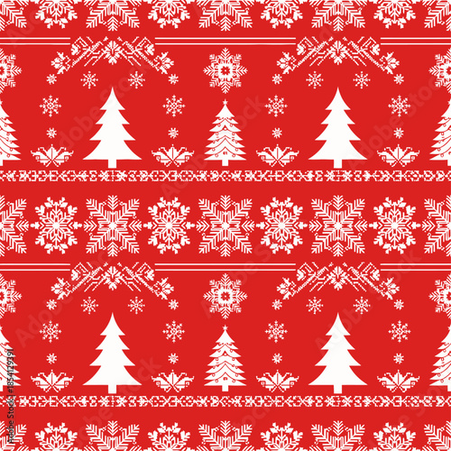 Christmas knit print. Seamless pattern. Set Red knitted sweater textures. Fair isle traditional geometric background. Holiday winter ornament. Festive crochet. Wool pullover frame. Vector illustration
