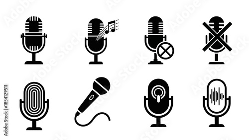 Collection of eight different microphone icons representing various audio functions and states.
