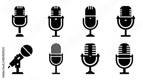 Collection of eight different microphone icons, showcasing various designs and styles for audio recording.