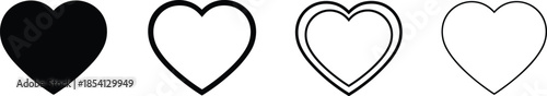 Set of heart shape vector icons in various styles including solid black bold outline and thin line art isolated on white background for valentine day wedding love