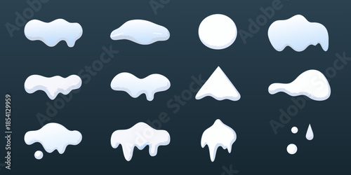 A collection of stylized white cloud and snow shapes on a dark background