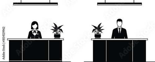 Professional male and female receptionists standing at modern office desks with indoor plants and overhead lights in minimalist flat style. (20 words)