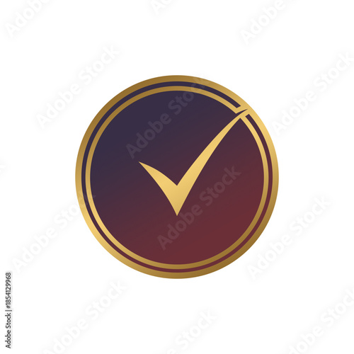 A golden checkmark symbol within a gradient purple and red circle, outlined in gold, representing completion or approval.