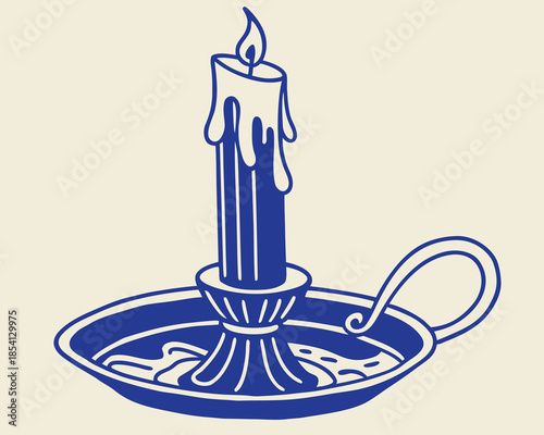 Vintage blue candle in candlestick holder with dripping wax illustration