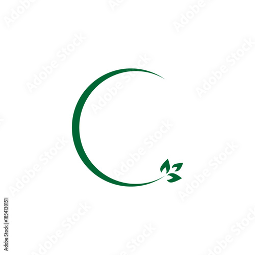 Green crescent shape logo with three small leaves on a white background, symbolizing nature or growth.
