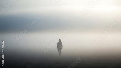 person walking away into foggy open landscape
