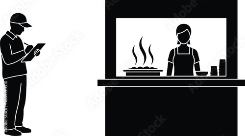 Food safety inspection, health inspector at food stall, hygiene check, vendor with hot meal, public health, compliance, restaurant audit, silhouette art
