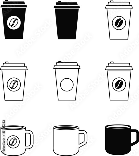 Comprehensive coffee and beverage icon set featuring takeaway paper cups boba tea and hot mugs in minimalist line art style