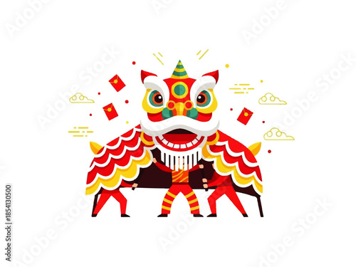 A vibrant illustration of a traditional Chinese lion dance performance with three people, red envelopes, and festive decorations.