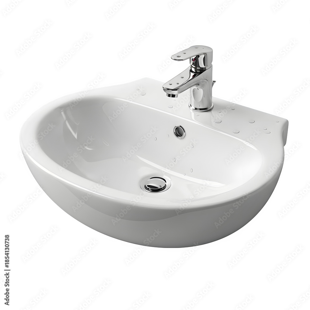 Fototapeta premium Modern ceramic wall mounted bathroom sink basin with chrome faucet tap fixture isolated on transparent background