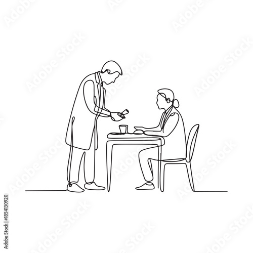 A continuous line drawing of a waiter serving a seated customer at a table