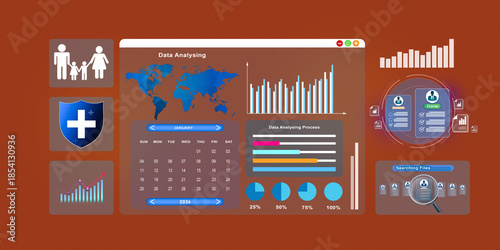 Business analyzing data using AI technology to work with tools, new month search, Flowchart, wolrd smart technology and artificial intelligence concept. Isolated on orange background