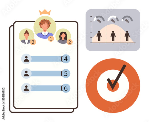 Leader list with scores, performance graph, and checkmark inside an orange circle. Ideal for achievement, ranking, analysis, evaluation, productivity success performance. Simple flat metaphor