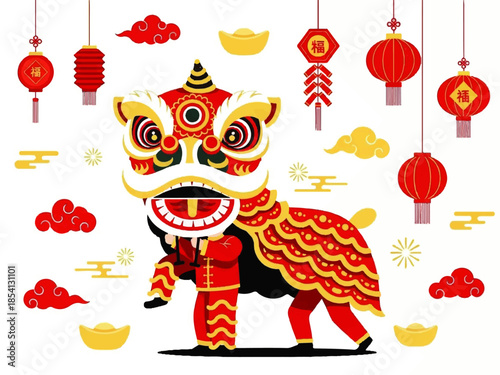 A vibrant illustration of a traditional Chinese lion dance with lanterns, firecrackers, golden ingots, and auspicious clouds, celebrating Chinese New Year.