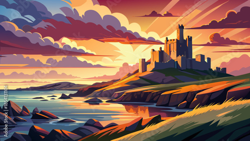 Very beautiful panoramic sunset view of Dunstanburgh Castle on the Northumberland coast, with dramatic ruins silhouetted against the sky and rugged coastal scenery.