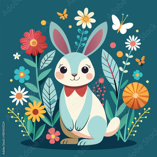 Cute Easter Bunny Surrounded by Colorful Spring Flowers and Butterflies.