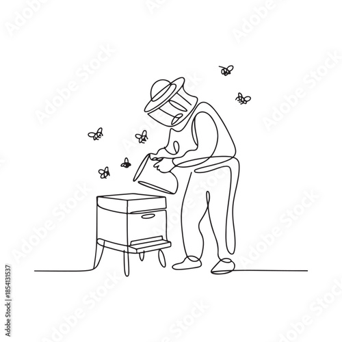 A beekeeper tending to a beehive with several bees flying around