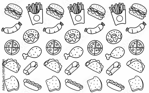 Set of fast food doodles on white Vector illustration Perfect for menu or food package design