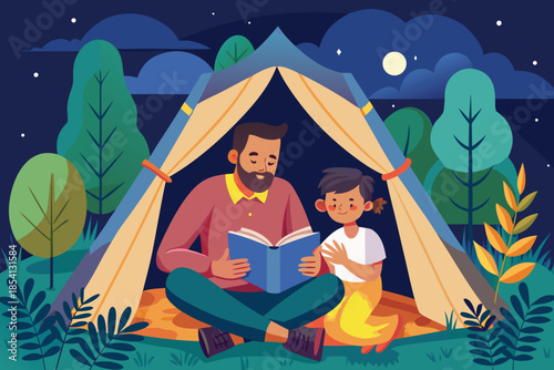 Father and Child Reading a Book Inside a Tent at Night.
