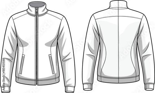 Technical fashion sketch, front and back jacket view, zipper pockets, high collar, garment design, apparel template, clothing illustration, outerwear