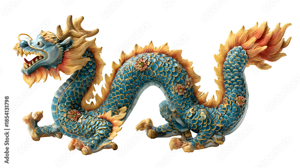 Fototapeta premium An ancient golden Chinese dragon statue stands as a powerful oriental symbol of traditional Asian culture and mythology, featuring an ornate sculpture design used for temple decoration in the East