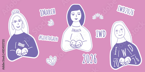 give to gain 8 march stickers. Womens day 2026 element pack for web design. Vector illustration