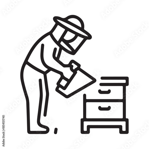 A beekeeper tending to a beehive with protective gear and equipment