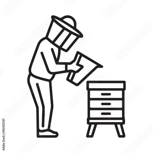 A beekeeper inspecting a hive with a protective suit and smoker