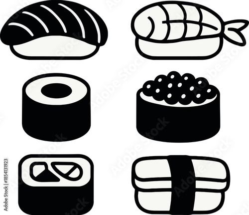 Traditional Japanese Sushi and Sashimi Food Vector Icon Collection