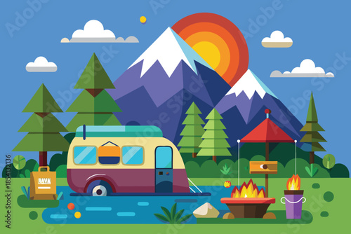 Flat Design Camping Scene with Mountains and RV.