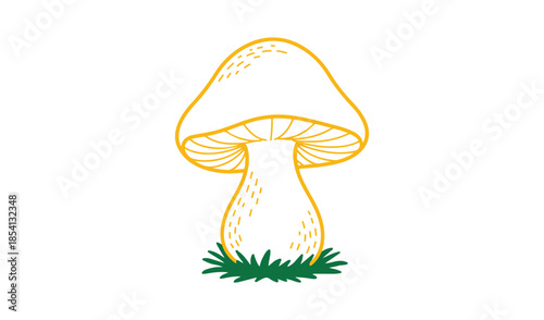 Simple line art illustration of a wild mushroom growing in a patch of grass for nature and forest concepts