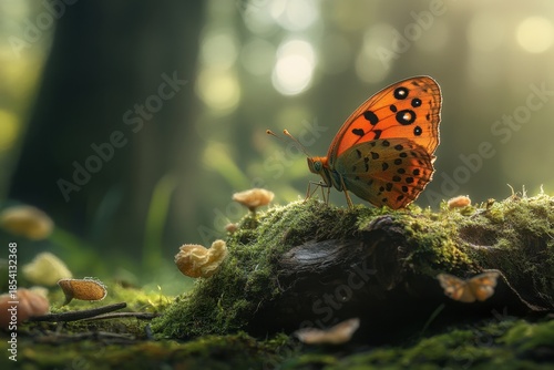 Butterfly resting on mossy ground in forest during soft sunlight